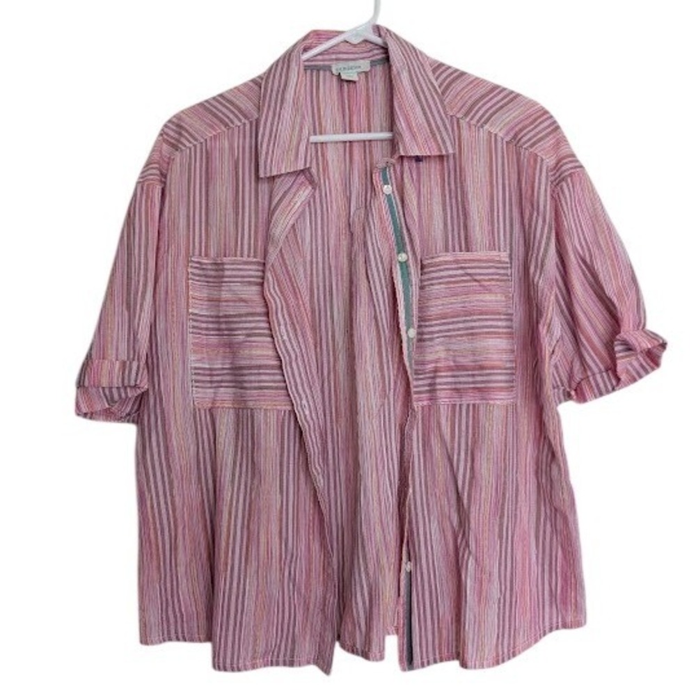 Sundance Women Short Sleeve Button Up Shirt M Pink Striped Casual Top